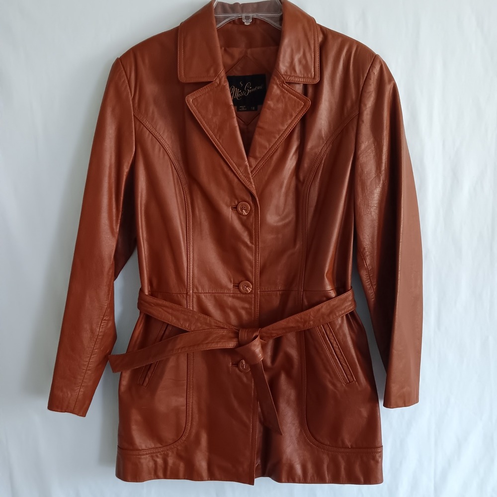 Miss Simone Leather Jacket Womens 18 *see descrip* Brown Belted Coat Vintage 70s